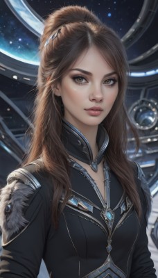 1girl,solo,long hair,breasts,looking at viewer,brown hair,hair ornament,brown eyes,jewelry,closed mouth,upper body,ponytail,lips,fur trim,science fiction,realistic,nose,space,planet,bangs,signature,necklace,parted bangs