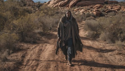 solo,looking at viewer,long sleeves,1boy,holding,standing,full body,weapon,male focus,outdoors,day,pants,dark skin,hood,holding weapon,tree,gun,shadow,holding gun,nature,cloak,walking,hooded cloak,boots,mask,rifle,handgun,hood up,realistic,desert