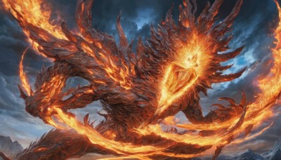 solo,tail,outdoors,wings,horns,sky,teeth,cloud,no humans,glowing,cloudy sky,fire,glowing eyes,claws,monster,mountain,fantasy,dragon,giant,extra arms,molten rock,scenery,breathing fire