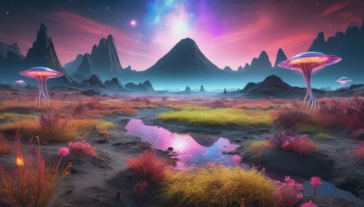 flower,outdoors,sky,cloud,water,tree,no humans,night,grass,star (sky),nature,night sky,scenery,starry sky,reflection,mountain,fantasy,mushroom,landscape,mountainous horizon,lake,purple sky,reflective water