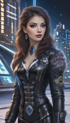 1girl,solo,long hair,breasts,looking at viewer,brown hair,hair ornament,gloves,long sleeves,cleavage,brown eyes,jewelry,medium breasts,standing,jacket,cowboy shot,earrings,outdoors,parted lips,open clothes,sky,artist name,necklace,blurry,lips,black jacket,fur trim,bodysuit,makeup,night,blurry background,lipstick,brooch,building,gem,night sky,eyeshadow,city,realistic,nose,red lips,leather,grey eyes,black bodysuit