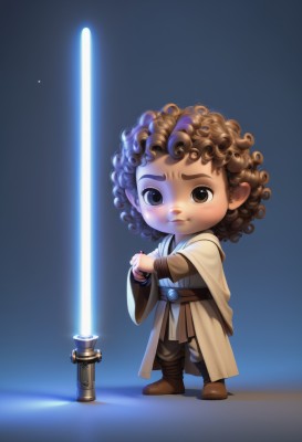 1girl,solo,looking at viewer,smile,brown hair,long sleeves,1boy,brown eyes,jewelry,closed mouth,standing,full body,weapon,male focus,boots,pointy ears,belt,sword,chibi,blue background,brown footwear,curly hair,robe,animification,energy sword,tunic,lightsaber,simple background,holding,blue hair,dark skin,cape,bracelet,afro