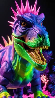 solo,open mouth,simple background,red eyes,standing,tail,full body,teeth,tongue,orange eyes,pokemon (creature),no humans,colored skin,fangs,sharp teeth,black background,claws,monster,realistic,scales,dinosaur,looking at viewer,yellow eyes,tongue out,spikes,fireworks,kaijuu,lizard