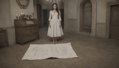 1girl,solo,long hair,breasts,looking at viewer,brown hair,black hair,long sleeves,dress,cleavage,medium breasts,closed mouth,standing,full body,flower,barefoot,indoors,dark skin,white dress,dark-skinned female,wooden floor,paper,door,arms at sides,candle,wide shot,painting (object),table,slippers,candlestand,rug,chandelier