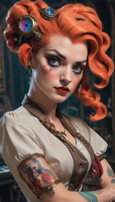 1girl,solo,long hair,breasts,looking at viewer,blush,blue eyes,shirt,hair ornament,jewelry,closed mouth,upper body,braid,short sleeves,red hair,earrings,small breasts,puffy sleeves,artist name,necklace,orange hair,blurry,puffy short sleeves,lips,eyelashes,tattoo,makeup,blurry background,lipstick,eyeshadow,freckles,curly hair,nose,red lips,eyeliner,arm tattoo,mascara,steampunk,white shirt,vest,piercing,realistic,facial tattoo,neck tattoo