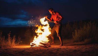 solo,short hair,shirt,black hair,1boy,holding,short sleeves,male focus,outdoors,sky,barefoot,striped,belt,pants,night,facial hair,fire,t-shirt,night sky,beard,striped shirt,fireworks,stick,log,campfire,nature,smoke,sideburns