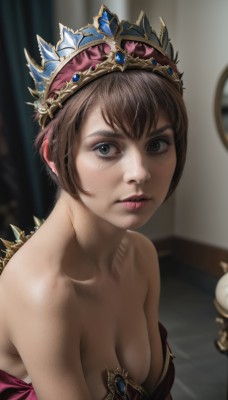 1girl,solo,breasts,looking at viewer,short hair,bangs,brown hair,dress,cleavage,bare shoulders,brown eyes,medium breasts,collarbone,upper body,small breasts,parted lips,indoors,blurry,lips,grey eyes,strapless,blurry background,tiara,crown,gem,realistic,nose,green eyes,eyelashes,makeup