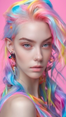 1girl,solo,long hair,looking at viewer,blue eyes,simple background,bare shoulders,jewelry,closed mouth,blue hair,upper body,pink hair,multicolored hair,earrings,sleeveless,two-tone hair,lips,grey eyes,eyelashes,sleeveless shirt,makeup,piercing,pink background,ear piercing,portrait,eyeshadow,freckles,realistic,nose,colorful,mascara,rainbow hair,blonde hair,artist name,mole,watermark,web address,mole on cheek