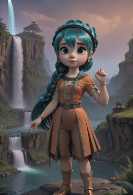 1girl,solo,long hair,looking at viewer,blue eyes,dress,jewelry,blue hair,full body,braid,earrings,boots,outdoors,sky,belt,cloud,water,bracelet,aqua hair,brown footwear,grass,child,mountain,fantasy,female child,river,waterfall,very long hair,hairband,green hair,artist name,single braid