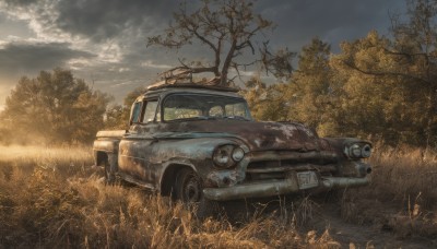 outdoors,sky,day,cloud,tree,no humans,cloudy sky,grass,ground vehicle,nature,scenery,motor vehicle,forest,car,vehicle focus,realistic,field,sports car,tire