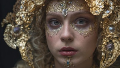 1girl,solo,long hair,looking at viewer,blonde hair,hair ornament,brown eyes,jewelry,closed mouth,blurry,lips,grey eyes,eyelashes,makeup,depth of field,lipstick,black background,gem,portrait,close-up,freckles,realistic,red lips,gold,eye focus,simple background,parted lips,nose