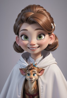 1girl,solo,looking at viewer,blush,smile,open mouth,simple background,brown hair,hair ornament,jewelry,green eyes,upper body,flower,earrings,teeth,hair flower,grey background,hair bun,cape,animal,single hair bun,child,freckles,female child,short hair,blue eyes,dress,grin,lips,fangs,realistic,nose,white cape