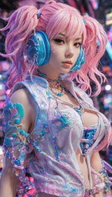 1girl,solo,long hair,breasts,looking at viewer,bangs,cleavage,twintails,brown eyes,jewelry,medium breasts,closed mouth,underwear,upper body,pink hair,sleeveless,artist name,necklace,bra,blurry,black eyes,vest,lips,see-through,tattoo,makeup,blurry background,headphones,zipper,realistic,nose,large breasts,jacket,open clothes,choker,belt,o-ring