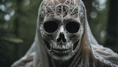 solo,looking at viewer,1boy,male focus,blurry,mask,depth of field,blurry background,portrait,veil,facing viewer,1other,skull,realistic,horror (theme),upper body,teeth,artist name,signature,hood,no humans,robe