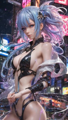 1girl,solo,long hair,breasts,looking at viewer,bangs,blue eyes,hair ornament,navel,cleavage,bare shoulders,twintails,jewelry,medium breasts,closed mouth,blue hair,standing,swimsuit,sidelocks,thighs,cowboy shot,earrings,outdoors,shiny,off shoulder,blurry,leotard,lips,wet,see-through,shiny skin,night,floating hair,blurry background,one side up,building,revealing clothes,black leotard,rain,city,cityscape,city lights,ponytail,artist name,hair flower,one-piece swimsuit,sideboob,depth of field,highleg,shawl,water drop,realistic,center opening,black one-piece swimsuit,highleg swimsuit,slingshot swimsuit