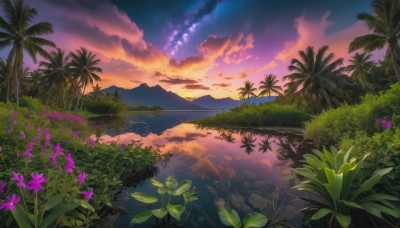 flower, outdoors, sky, cloud, water, tree, no humans, cloudy sky, grass, plant, star (sky), nature, scenery, starry sky, reflection, sunset, mountain, palm tree