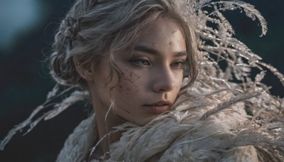 1girl,solo,looking at viewer,short hair,blue eyes,brown hair,closed mouth,braid,grey hair,blurry,lips,grey eyes,blood,blurry background,facial mark,feathers,portrait,freckles,blood on face,realistic,bangs,parted lips,looking to the side,fur trim,eyelashes,depth of field,looking away,nose