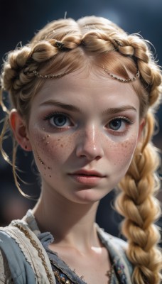 1girl,solo,long hair,looking at viewer,blue eyes,blonde hair,hair ornament,dress,jewelry,braid,earrings,parted lips,artist name,necklace,blurry,lips,eyelashes,single braid,depth of field,blurry background,piercing,portrait,hair over shoulder,close-up,freckles,realistic,nose,twin braids