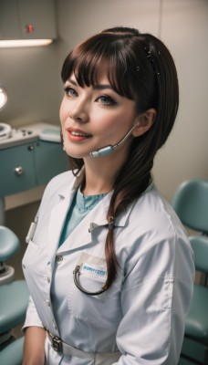 1girl,solo,long hair,breasts,looking at viewer,smile,open mouth,bangs,blue eyes,brown hair,shirt,twintails,upper body,braid,parted lips,teeth,belt,artist name,indoors,blurry,lips,buttons,blurry background,chair,blue shirt,hair over shoulder,headset,freckles,realistic,labcoat,nurse,id card,lanyard,stethoscope,doctor,black hair,brown eyes,uniform,black eyes,pocket,nose,name tag,red lips,earpiece