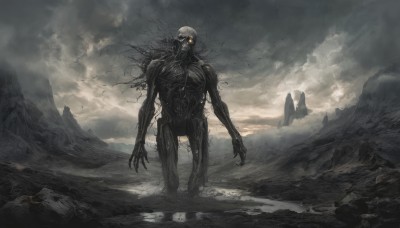 solo,1boy,standing,yellow eyes,outdoors,sky,cloud,no humans,glowing,bird,cloudy sky,scenery,glowing eyes,claws,monster,mountain,creature,giant,skeleton,fog,open mouth,teeth,rock