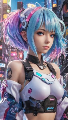 1girl,solo,breasts,looking at viewer,short hair,bangs,blue eyes,bare shoulders,twintails,jewelry,medium breasts,blue hair,jacket,upper body,pink hair,multicolored hair,hairband,earrings,small breasts,outdoors,parted lips,open clothes,midriff,off shoulder,two-tone hair,open jacket,lips,crop top,tattoo,gradient hair,makeup,piercing,ear piercing,freckles,science fiction,city,realistic,nose,android,arm tattoo,shoulder tattoo,cyborg,barcode,cyberpunk,closed mouth,sidelocks,sky,artist name,armor,eyelashes,headgear,short twintails,building