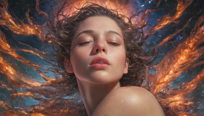 1girl,solo,long hair,brown hair,bare shoulders,closed eyes,parted lips,teeth,mole,lips,floating hair,fire,portrait,star (sky),facing viewer,freckles,realistic,nose,mole on cheek,nude,shiny,eyelashes