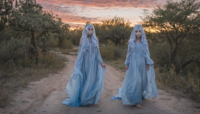 long hair,looking at viewer,blue eyes,multiple girls,long sleeves,dress,2girls,standing,full body,white hair,outdoors,sky,barefoot,cloud,hood,white dress,tree,siblings,wavy hair,nature,scenery,forest,walking,sunset,robe,realistic,arms at sides,dirty,white robe,dirty feet,smile,grass,sisters,cloak