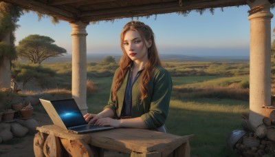 1girl,solo,long hair,brown hair,shirt,brown eyes,sitting,jacket,outdoors,open clothes,sky,day,tree,cup,lips,chair,table,grass,plant,lipstick,scenery,green jacket,red lips,computer,pillar,laptop,looking at viewer,long sleeves,jewelry,closed mouth,upper body,parted lips,necklace,open jacket,blue sky,makeup,sunlight,blue shirt,forehead,realistic,nose,green shirt