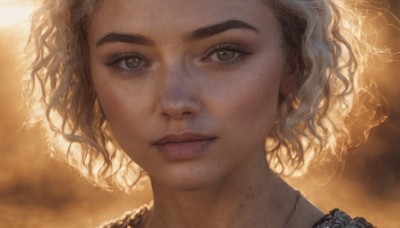 1girl,solo,looking at viewer,short hair,blonde hair,brown hair,brown eyes,jewelry,closed mouth,green eyes,necklace,mole,blurry,lips,eyelashes,blurry background,wavy hair,portrait,mole under mouth,close-up,backlighting,freckles,curly hair,realistic,nose,mole on cheek