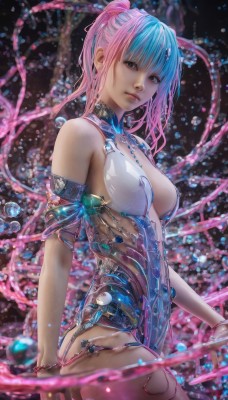 1girl,solo,long hair,breasts,looking at viewer,bangs,cleavage,bare shoulders,jewelry,medium breasts,closed mouth,blue hair,ponytail,pink hair,multicolored hair,blurry,two-tone hair,leotard,lips,armlet,science fiction,realistic,android,joints,robot joints,cowboy shot,artist name,from side,sideboob,watermark,nose