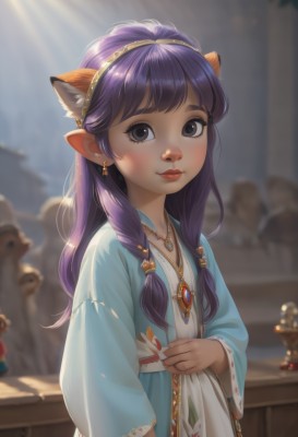 1girl,solo,long hair,looking at viewer,blush,smile,bangs,hair ornament,long sleeves,dress,animal ears,jewelry,closed mouth,upper body,purple hair,braid,hairband,earrings,outdoors,solo focus,day,pointy ears,indoors,cat ears,wide sleeves,necklace,white dress,blurry,black eyes,lips,depth of field,blurry background,sunlight,gem,freckles,brown eyes,bag,flat chest,fake animal ears,child,extra ears