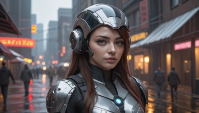 1girl,long hair,looking at viewer,brown hair,brown eyes,upper body,outdoors,multiple boys,solo focus,armor,blurry,lips,bodysuit,depth of field,blurry background,headphones,helmet,building,science fiction,city,sign,realistic,nose,road,cyborg,street,power armor,cyberpunk,solo,shoulder armor,headset,freckles,shoulder pads,neon trim,neon lights