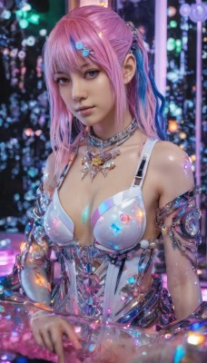 1girl,solo,long hair,breasts,looking at viewer,bangs,blue eyes,hair ornament,cleavage,bare shoulders,jewelry,medium breasts,collarbone,upper body,ponytail,pink hair,multicolored hair,parted lips,choker,hairclip,necklace,blurry,lips,grey eyes,blurry background,gem,armlet,realistic,closed mouth,swimsuit,bikini,artist name,heterochromia,watermark