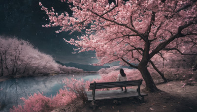 1girl, solo, long hair, black hair, sitting, outdoors, sky, water, from behind, tree, night, cherry blossoms, star (sky), night sky, scenery, starry sky, reflection, facing away, bench, lake