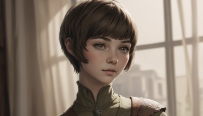 1girl,solo,looking at viewer,short hair,bangs,brown hair,brown eyes,closed mouth,indoors,armor,blurry,lips,dutch angle,window,blurry background,bob cut,portrait,freckles,realistic,nose,blush,parted lips,eyelashes,curtains