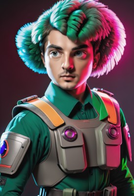 solo,blue eyes,simple background,shirt,1boy,closed mouth,green eyes,upper body,male focus,multicolored hair,green hair,collared shirt,belt,dark skin,armor,uniform,black eyes,lips,gradient,looking to the side,grey eyes,gradient background,facial hair,thick eyebrows,realistic,nose,green shirt,animification,afro,vest,dark-skinned male,mustache