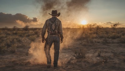 solo,gloves,long sleeves,1boy,hat,standing,jacket,full body,male focus,boots,outdoors,sky,belt,pants,cloud,fingerless gloves,from behind,black footwear,tree,gun,grass,nature,scenery,smoke,walking,sunset,mountain,sun,cowboy hat,desert,cowboy western,weapon,mask,cloudy sky,1other,monster,brown jacket,brown headwear,facing away,alien,ambiguous gender,sunrise