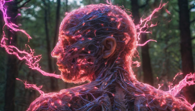 solo, 1boy, male focus, outdoors, blurry, tree, no humans, blurry background, glowing, nature, forest, science fiction, monster, realistic, electricity, alien