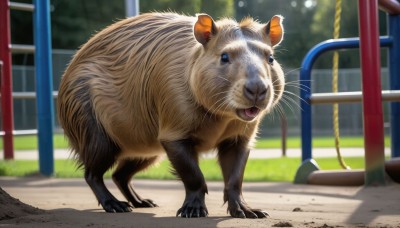 HQ,solo,open mouth,blue eyes,full body,outdoors,day,tongue,blurry,no humans,depth of field,blurry background,animal,grass,claws,realistic,animal focus,whiskers,looking at viewer,standing,mouse