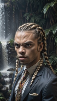 1girl,solo,long hair,looking at viewer,blue eyes,blonde hair,shirt,1boy,jewelry,school uniform,jacket,white shirt,upper body,braid,male focus,earrings,outdoors,parted lips,necktie,collared shirt,dark skin,water,mole,black eyes,twin braids,lips,grey eyes,facial hair,formal,blazer,suit,plant,blue jacket,red necktie,pocket,realistic,nose,breast pocket,waterfall,plaid necktie,brown necktie,print necktie,brown hair,multicolored hair,scar,dark-skinned male,scar on face,mustache,dreadlocks