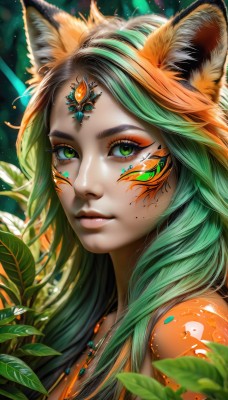 1girl,solo,long hair,looking at viewer,smile,animal ears,jewelry,closed mouth,green eyes,multicolored hair,green hair,artist name,necklace,orange hair,mole,blurry,lips,animal ear fluff,fox ears,eyelashes,makeup,leaf,facial mark,plant,slit pupils,gem,portrait,mole under mouth,eyeshadow,freckles,nose,eyeliner,facepaint,tiger ears,forehead jewel,mascara,bangs,upper body,from side,two-tone hair,gradient hair,lipstick,light particles