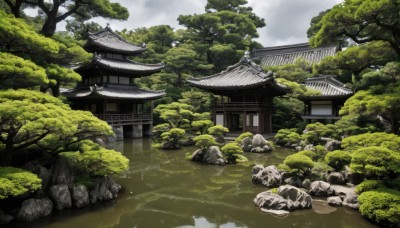 outdoors,sky,day,cloud,water,tree,no humans,cloudy sky,grass,building,nature,scenery,forest,rock,architecture,east asian architecture,river,shrine,stone,pond,stone lantern,reflection,bush,house,reflective water