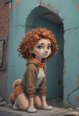 1girl,solo,looking at viewer,blush,smile,short hair,blue eyes,brown hair,animal ears,jacket,tail,full body,outdoors,shorts,barefoot,hood,orange hair,short shorts,kneeling,hoodie,thick eyebrows,hood down,messy hair,child,furry,freckles,curly hair,animal hands,door,furry female,wall,aqua eyes,lips,dog,dirty