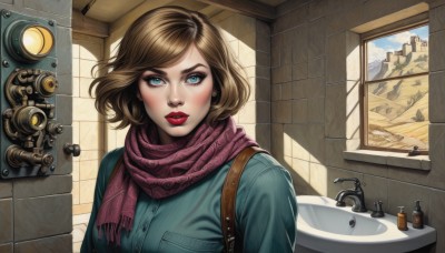 1girl,solo,looking at viewer,blush,short hair,bangs,blue eyes,brown hair,jewelry,upper body,earrings,parted lips,day,indoors,scarf,lips,coat,looking to the side,eyelashes,window,makeup,buttons,swept bangs,robot,lipstick,pocket,red scarf,mirror,door,tiles,red lips,wall,bathroom,brick wall,bathtub,tile wall,sink,faucet,shirt,sky,cloud,blue sky,blue shirt,wind,eyeshadow,reflection,realistic,dirty,pink scarf,mascara,cosmetics