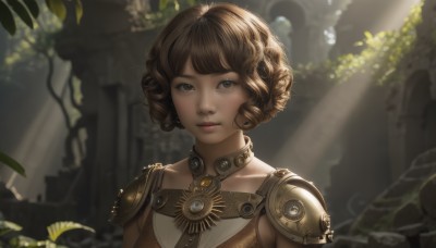 1girl,solo,looking at viewer,short hair,bangs,brown hair,brown eyes,closed mouth,upper body,armor,blurry,lips,blurry background,leaf,sunlight,plant,shoulder armor,curly hair,pauldrons,light rays,realistic,nose,fantasy,sunbeam,ruins,pillar,arch,collarbone,outdoors,day,depth of field,portrait