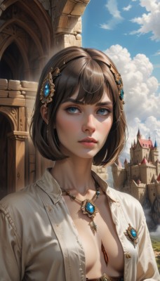 1girl,solo,breasts,looking at viewer,short hair,bangs,blue eyes,brown hair,shirt,hair ornament,cleavage,jewelry,medium breasts,collarbone,white shirt,upper body,small breasts,outdoors,parted lips,open clothes,sky,day,shiny,artist name,cloud,signature,necklace,blue sky,lips,eyelashes,open shirt,no bra,makeup,sunlight,bob cut,cloudy sky,building,gem,pendant,freckles,realistic,nose,castle,blue gemstone,mascara,arch,closed mouth,earrings,breasts apart,fantasy,architecture