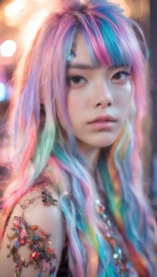 1girl,solo,long hair,looking at viewer,bangs,brown eyes,jewelry,blue hair,upper body,pink hair,multicolored hair,parted lips,blunt bangs,necklace,blurry,lips,tattoo,makeup,depth of field,blurry background,gem,portrait,realistic,nose,colorful,rainbow hair,hair ornament,bare shoulders,artist name,nail polish,bracelet,two-tone hair,eyelashes,aqua hair,watermark,wavy hair,ring,web address,mascara