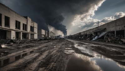 outdoors,sky,day,cloud,water,no humans,window,cloudy sky,building,scenery,smoke,reflection,ruins,house,post-apocalypse,broken window,monochrome,blue sky,sunlight,ground vehicle,light rays