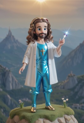 1girl,solo,long hair,smile,open mouth,blue eyes,brown hair,1boy,jewelry,standing,full body,flower,male focus,outdoors,open clothes,teeth,necklace,blurry,coat,blurry background,facial hair,brown footwear,grass,cross,child,beard,rock,mountain,glint,mustache,labcoat,sun,:d,hairband,boots,sky,cloud,sparkle,curly hair,dandelion