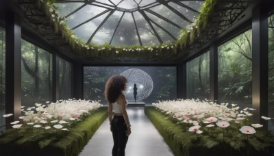 1girl,solo,long hair,multiple girls,brown hair,hat,2girls,bare shoulders,jewelry,standing,flower,outdoors,sky,sleeveless,pants,cloud,from behind,bracelet,tree,black pants,tank top,grass,plant,white flower,nature,scenery,reflection,straw hat,lily pad,overgrown,day,indoors,dark skin,dark-skinned female,cloudy sky,very dark skin,afro